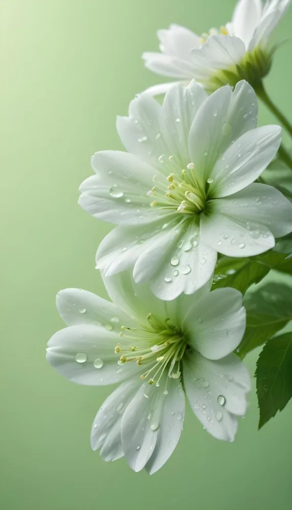 White Flowers With Water Drops On The Petals Green Leaves On The Side Light Green Background Soft Light High Detail Macro Photography 61 Fc8e