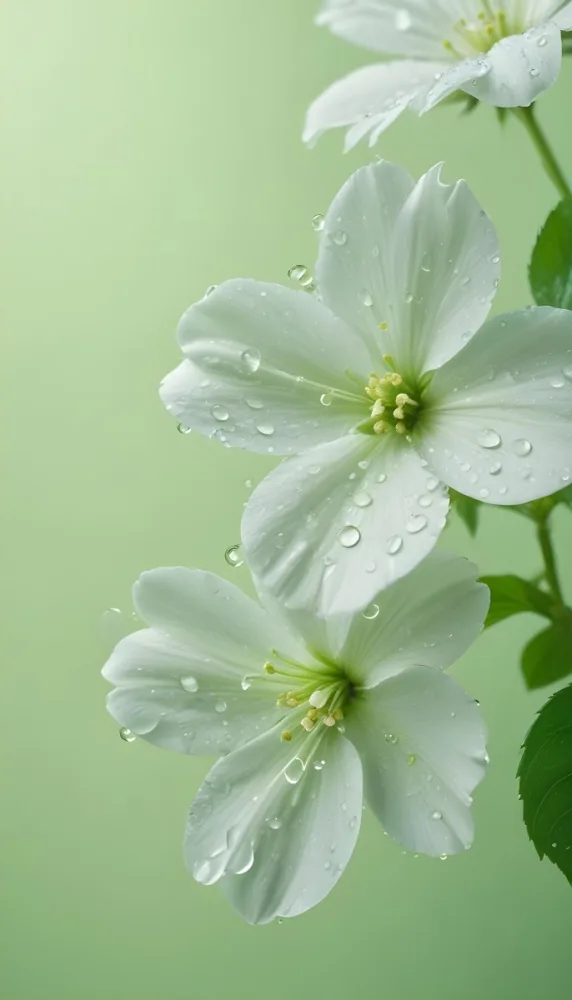 White Flowers With Water Drops On The Petals Green Leaves On The Side Light Green Background Soft Light High Detail Macro Photography 62 83f1
