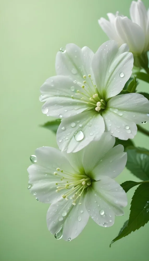 White Flowers With Water Drops On The Petals Green Leaves On The Side Light Green Background Soft Light High Detail Macro Photography 63 1402