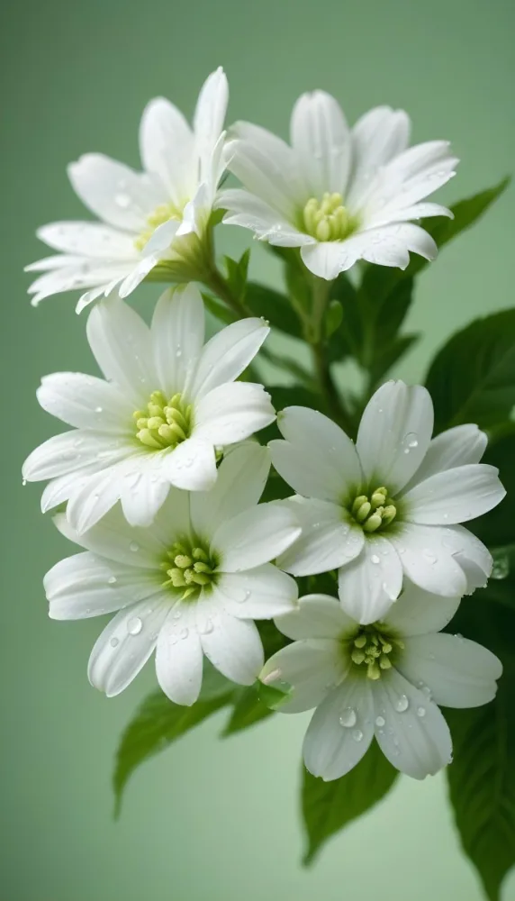 White Flowers With Water Drops On The Petals Green Leaves On The Side Light Green Background Soft Light High Detail Macro Photography 64 4e92
