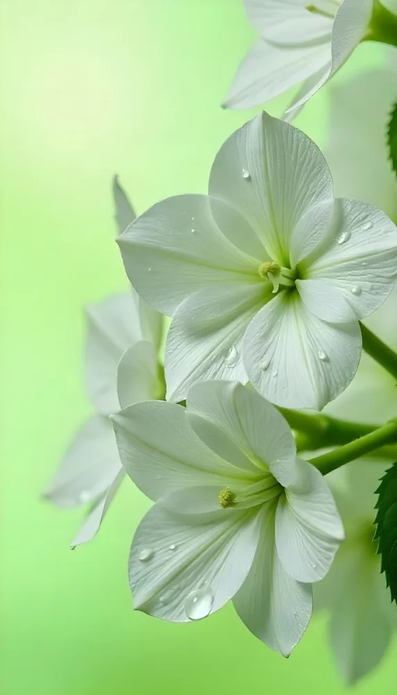 White Flowers With Water Drops On The Petals Green Leaves On The Side Light Green Background Soft Light High Detail Macro Photography 7 E5cd