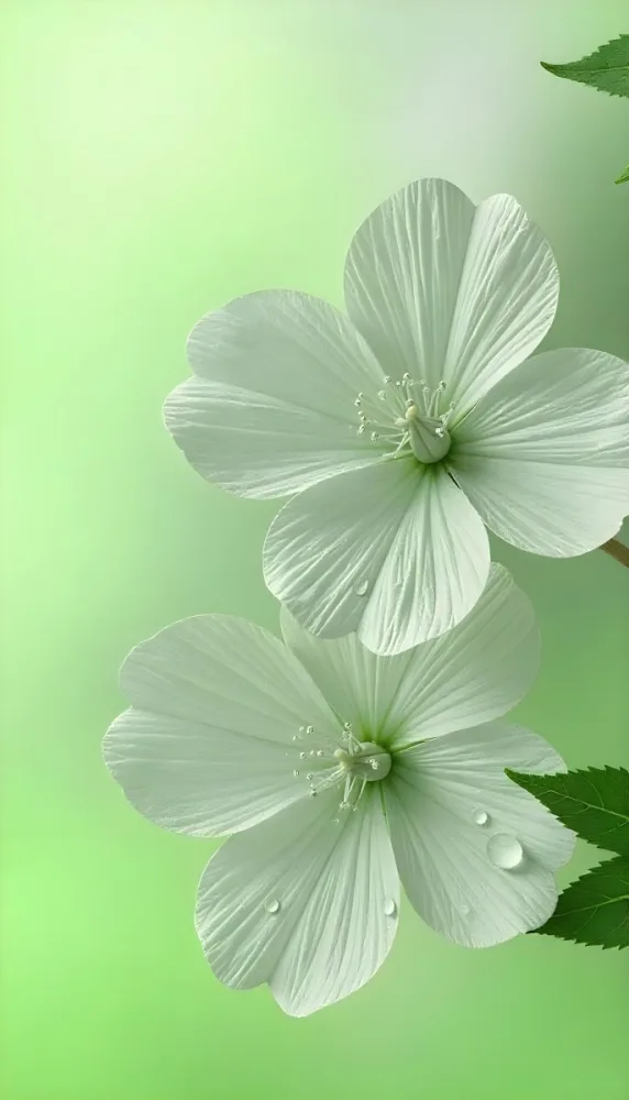 White Flowers With Water Drops On The Petals Green Leaves On The Side Light Green Background Soft Light High Detail Macro Photography 8 3448