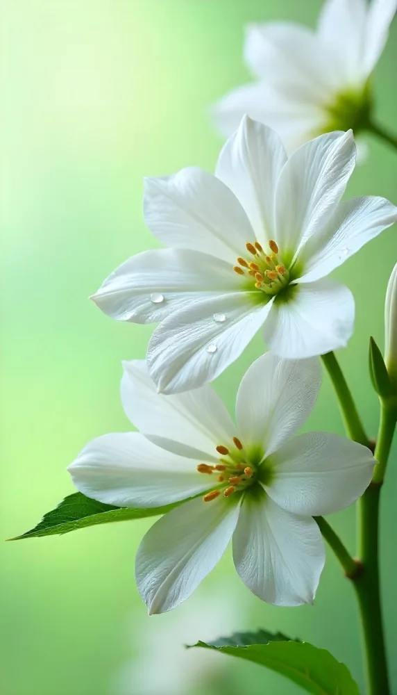 White Flowers With Water Drops On The Petals Green Leaves On The Side Light Green Background Soft Light High Detail Macro Photography 9 8a57