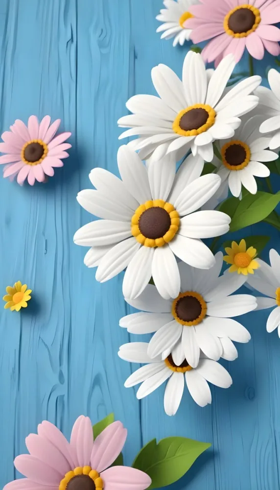 White Pink And Yellow Daisies On A Blue Wooden Background 1 2821