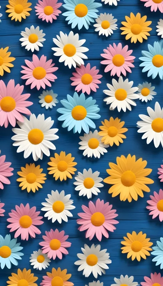 White Pink And Yellow Daisies On A Blue Wooden Background 12 A6cf
