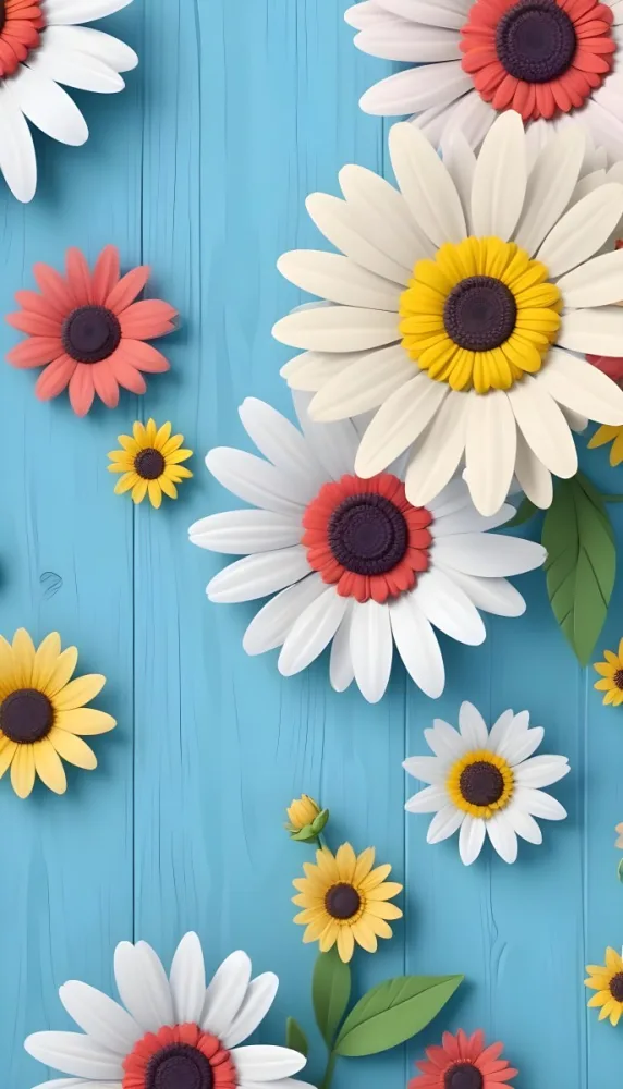 White Pink And Yellow Daisies On A Blue Wooden Background 13 1714
