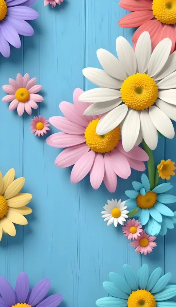 White Pink And Yellow Daisies On A Blue Wooden Background 14 E5d0