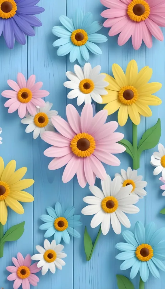 White Pink And Yellow Daisies On A Blue Wooden Background 15 F606