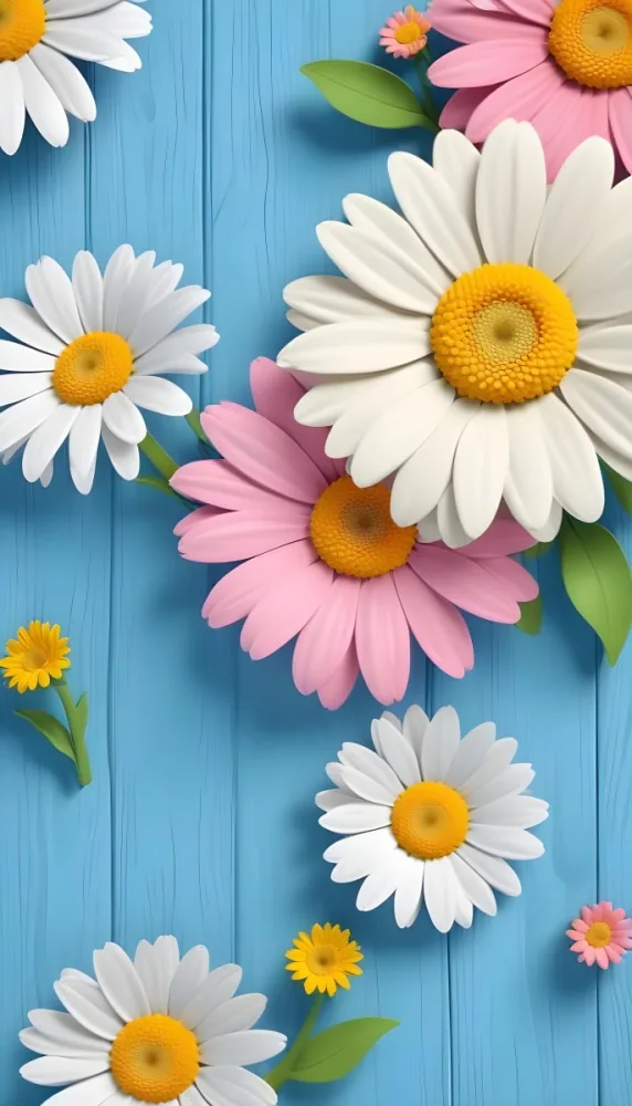 White Pink And Yellow Daisies On A Blue Wooden Background 2 A82c