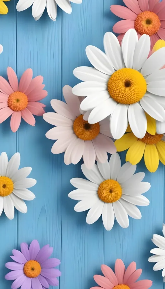 White Pink And Yellow Daisies On A Blue Wooden Background 3 B166