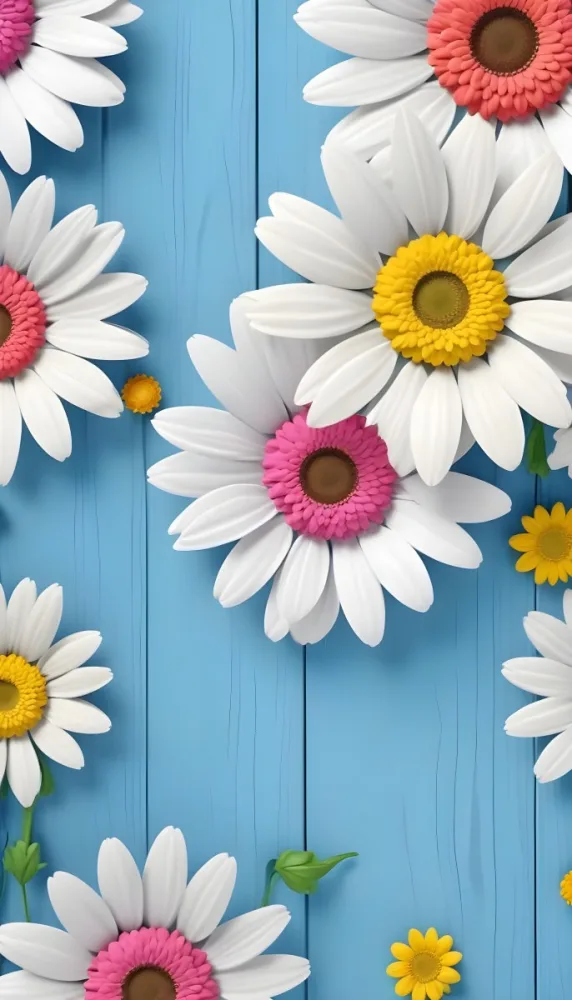 White Pink And Yellow Daisies On A Blue Wooden Background 4 Cf96