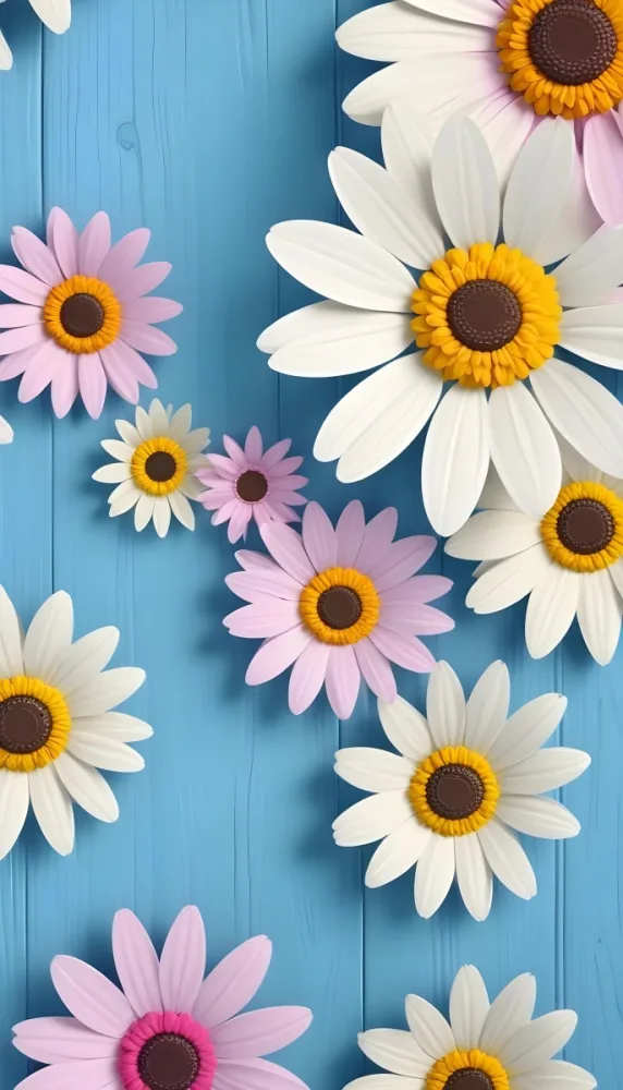 White Pink And Yellow Daisies On A Blue Wooden Background 5 0ea4