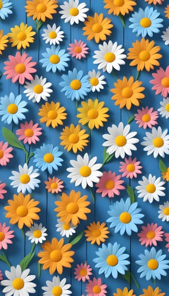 White Pink And Yellow Daisies On A Blue Wooden Background 6 Fef1