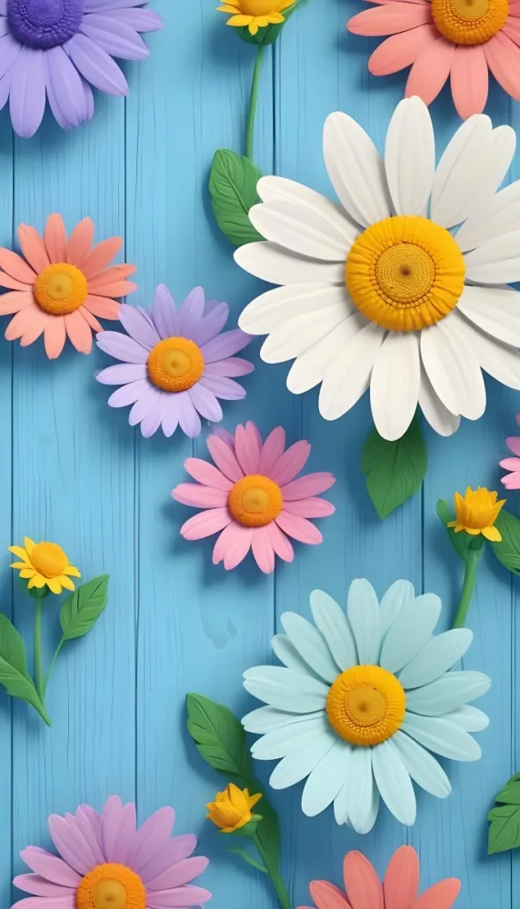 White Pink And Yellow Daisies On A Blue Wooden Background 7 Cf5e