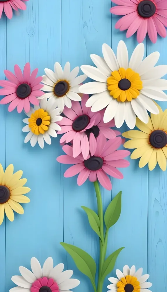 White Pink And Yellow Daisies On A Blue Wooden Background 8 D500