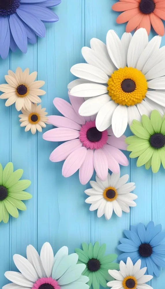White Pink And Yellow Daisies On A Blue Wooden Background 9 1aaf