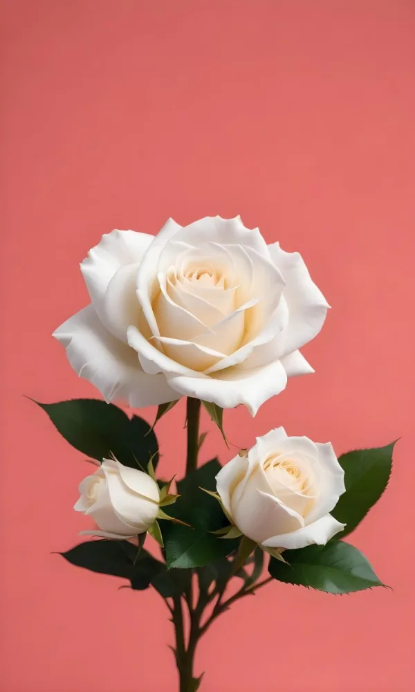 White Roses With Green Leaves Against A Pink Background 15 628f