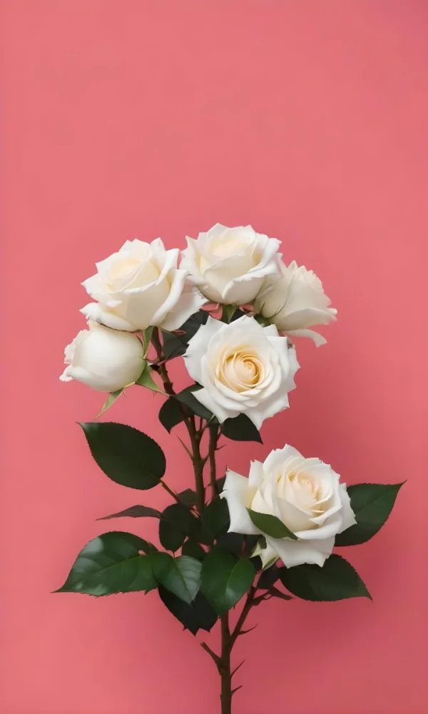 White Roses With Green Leaves Against A Pink Background 32 9cb7