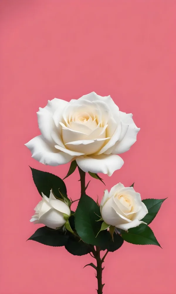 White Roses With Green Leaves Against A Pink Background 41 3a0e