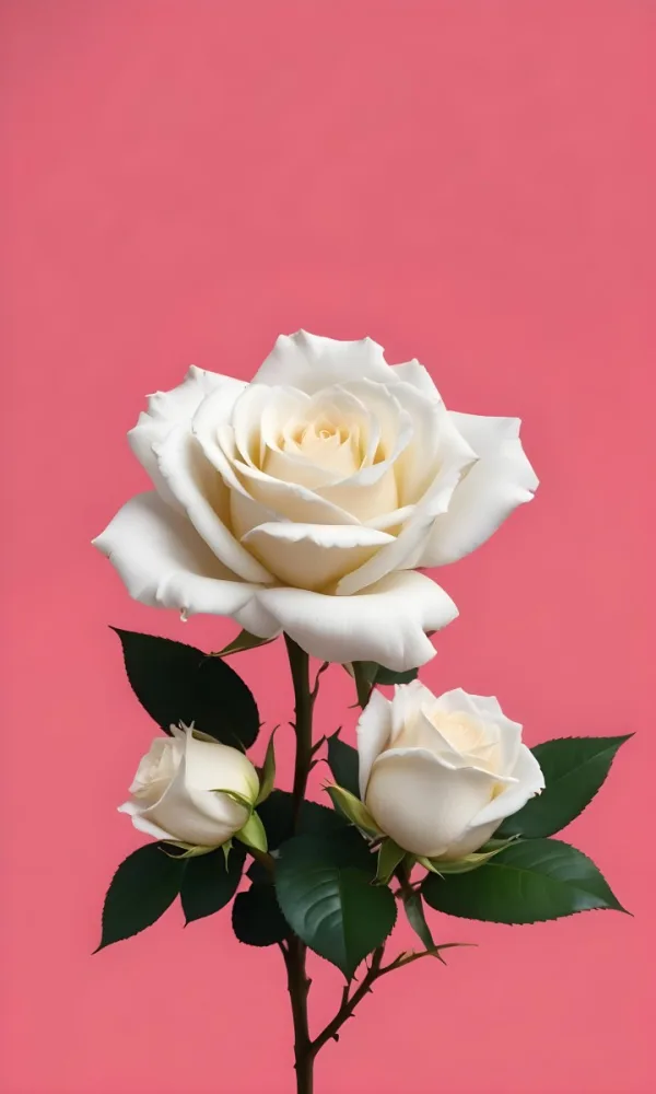 White Roses With Green Leaves Against A Pink Background 50 0e94
