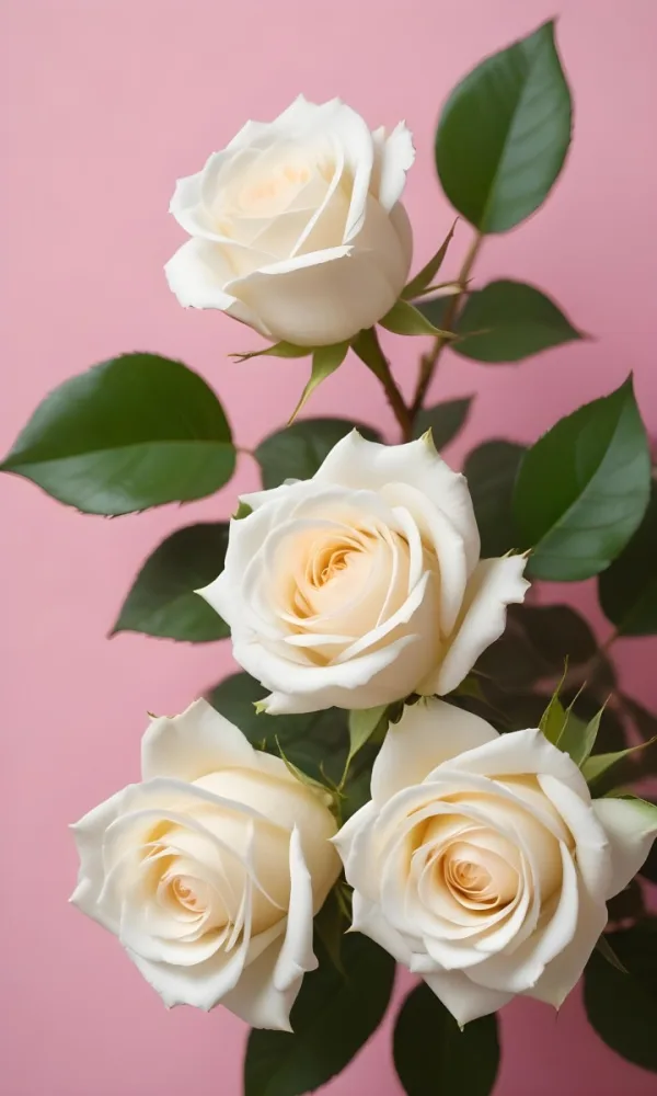 White Roses With Green Leaves Against A Pink Background 51 F996