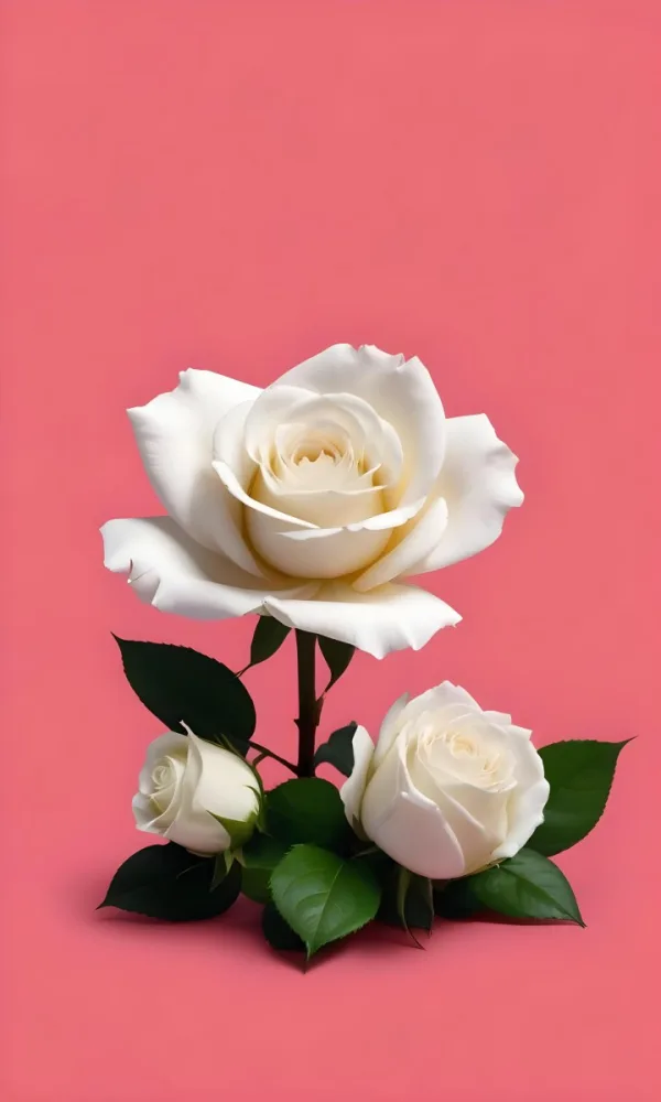 White Roses With Green Leaves Against A Pink Background 53 1453