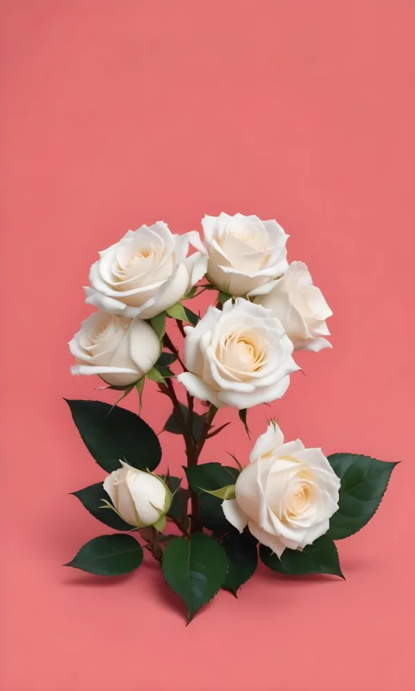White Roses With Green Leaves Against A Pink Background 54 059a