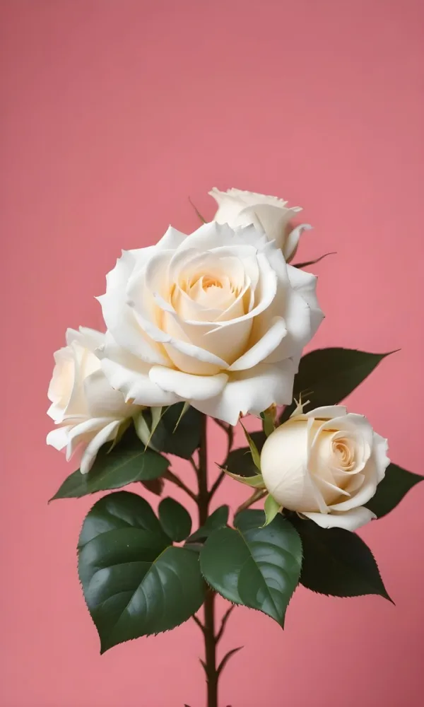 White Roses With Green Leaves Against A Pink Background 55 4044