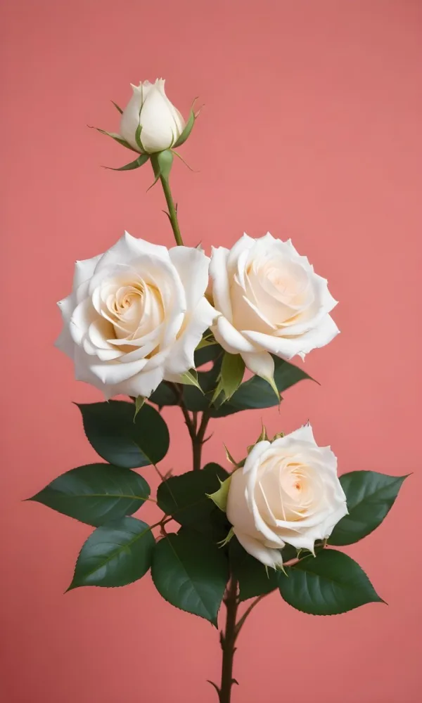White Roses With Green Leaves Against A Pink Background 56 006c