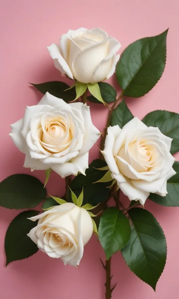 White Roses With Green Leaves Against A Pink Background 57 242a