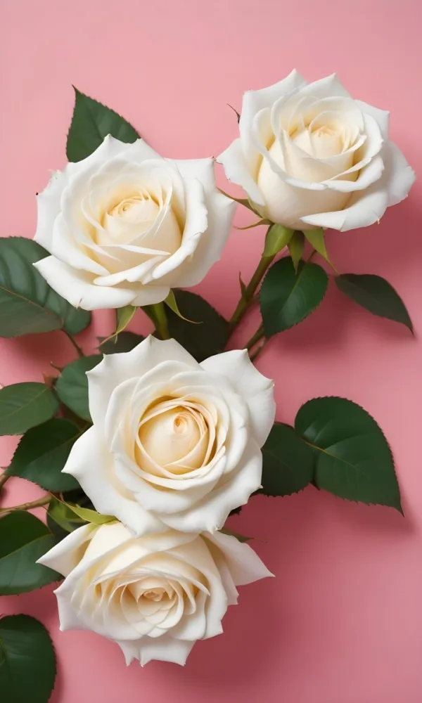 White Roses With Green Leaves Against A Pink Background 58 2763