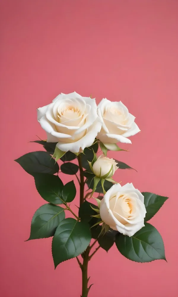 White Roses With Green Leaves Against A Pink Background 6 Bfbc
