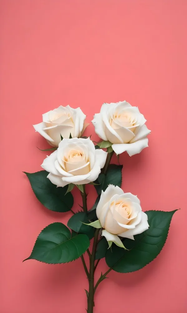 White Roses With Green Leaves Against A Pink Background 7 A21f