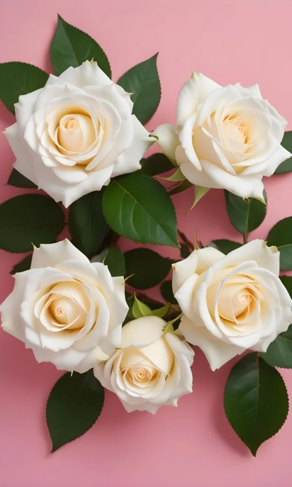 White Roses With Green Leaves Against A Pink Background 9 3d73