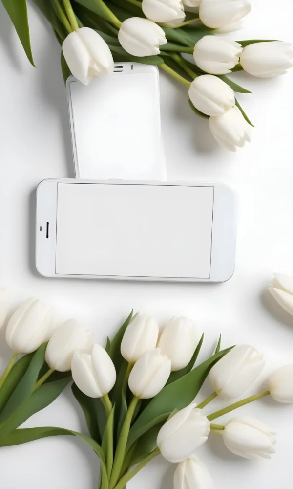 White Tulips Surrounding A Blank White Smartphone Or Mobile