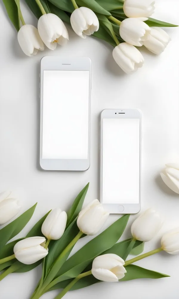White Tulips Surrounding A Blank White Smartphone Or Mobile Device On A Light Background 13 B2c3