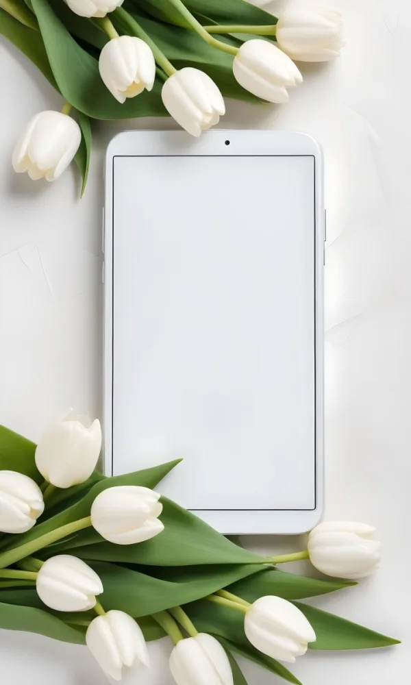 White Tulips Surrounding A Blank White Smartphone Or Mobile Device On A Light Background 14 8034