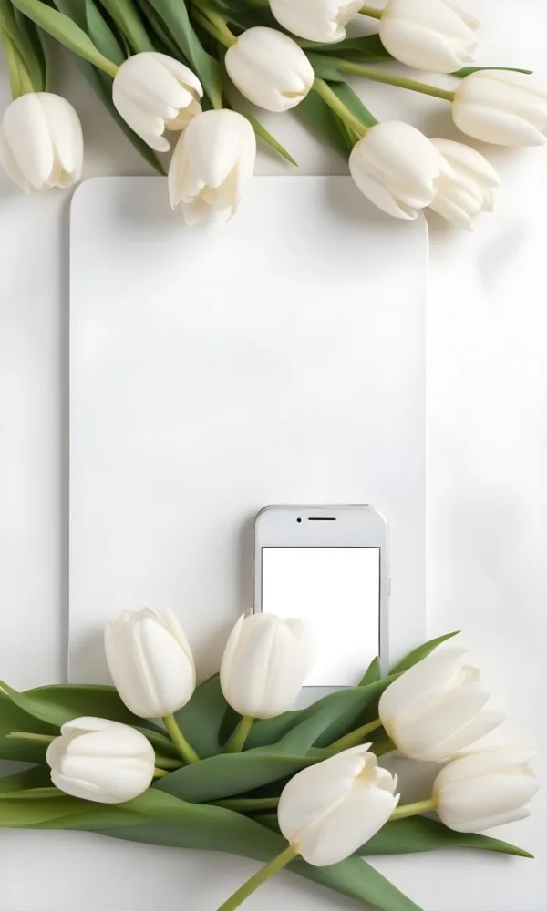 White Tulips Surrounding A Blank White Smartphone Or Mobile Device On A Light Background 16 C79c