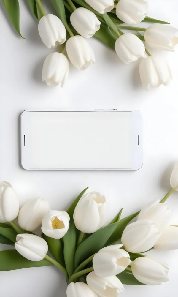 White Tulips Surrounding A Blank White Smartphone Or Mobile Device On A Light Background 17 D56a
