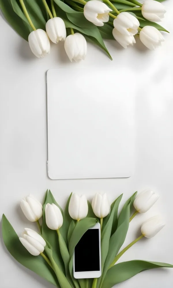 White Tulips Surrounding A Blank White Smartphone Or Mobile Device On A Light Background 18 62bf