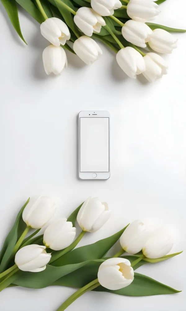 White Tulips Surrounding A Blank White Smartphone Or Mobile Device On A Light Background 19 4794