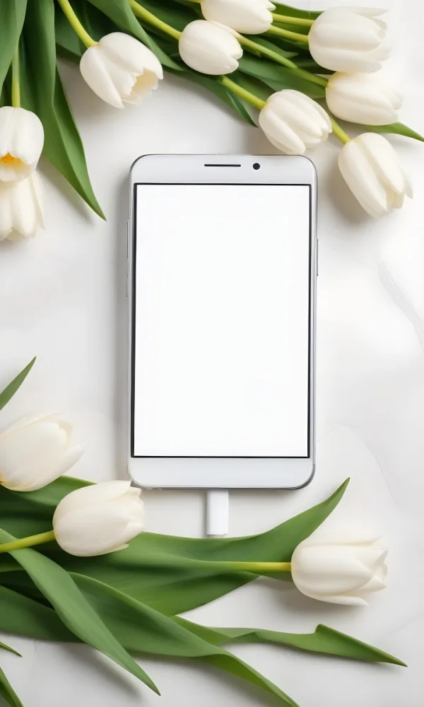 White Tulips Surrounding A Blank White Smartphone Or Mobile Device On A Light Background 2 9e02