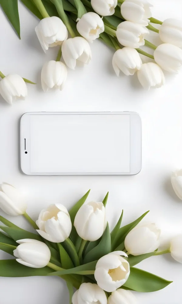 White Tulips Surrounding A Blank White Smartphone Or Mobile Device On A Light Background 20 C9c0