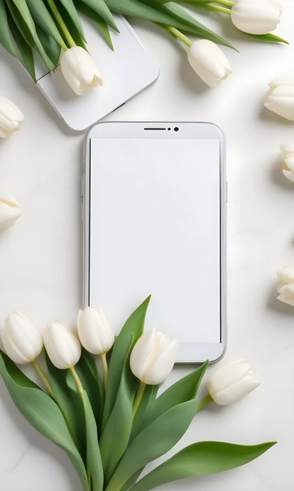 White Tulips Surrounding A Blank White Smartphone Or Mobile Device On A Light Background 3 E2ba