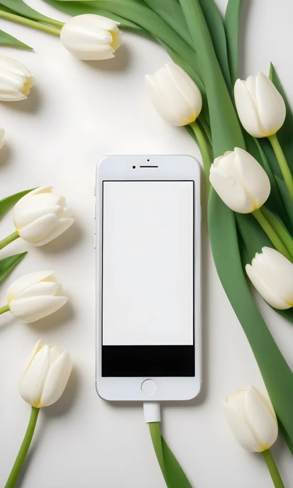 White Tulips Surrounding A Blank White Smartphone Or Mobile Device On A Light Background 4 Cee2