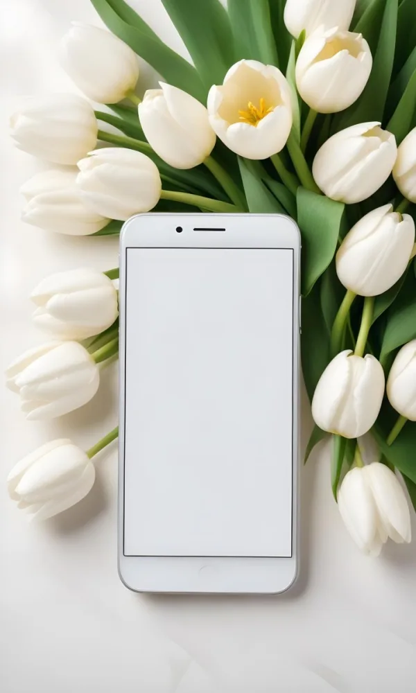 White Tulips Surrounding A Blank White Smartphone Or Mobile Device On A Light Background 7 D5f3