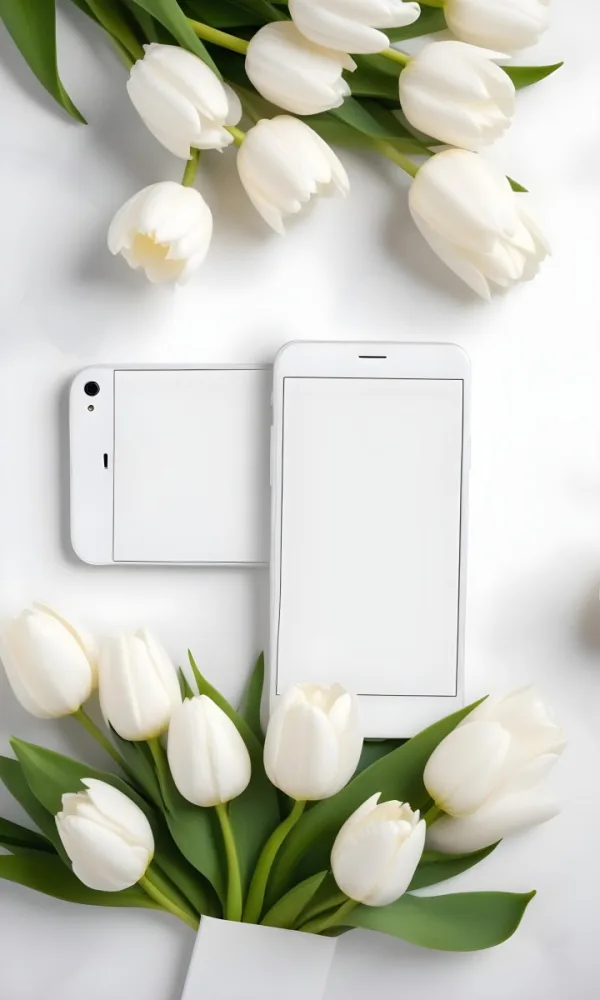 White Tulips Surrounding A Blank White Smartphone Or Mobile Device On A Light Background 8 E41f