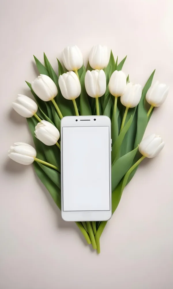 White Tulips Surrounding A Blank White Smartphone Or Mobile Device On A Light Background 9 1e48