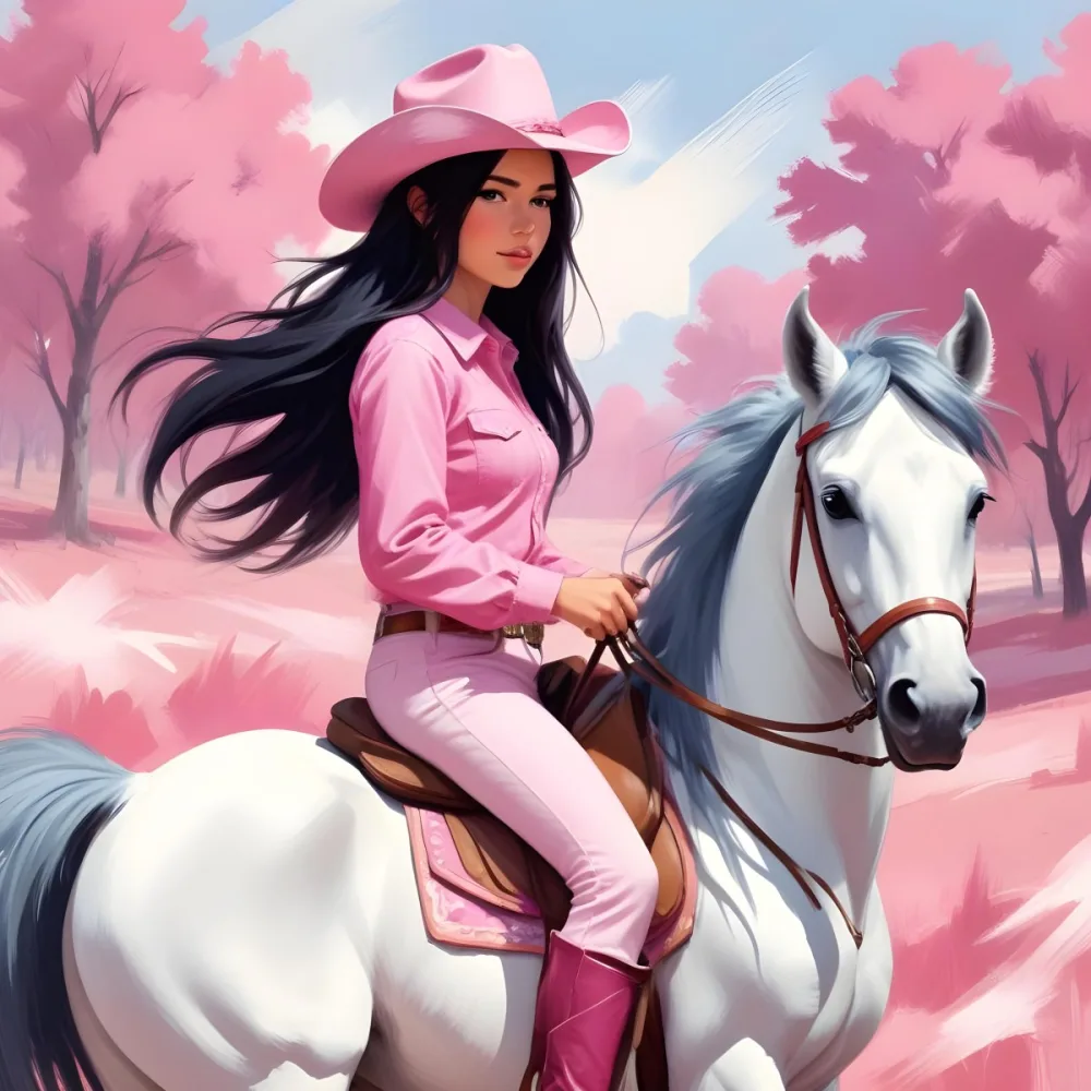 Young Latina Girl With Long Dark Hair Wearing A Cowgirl Hat And Pink Shirt Riding A White And Pink Unicorn In A Desert Setting With Cacti 18 F3c5