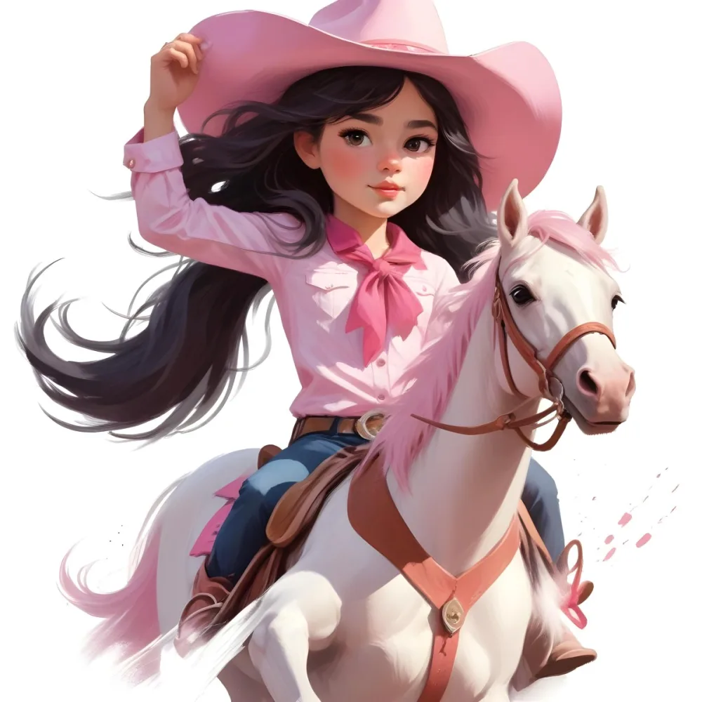 Young Latina Girl With Long Dark Hair Wearing A Cowgirl Hat And Pink Shirt Riding A White And Pink Unicorn In A Desert Setting With Cacti 24 6547